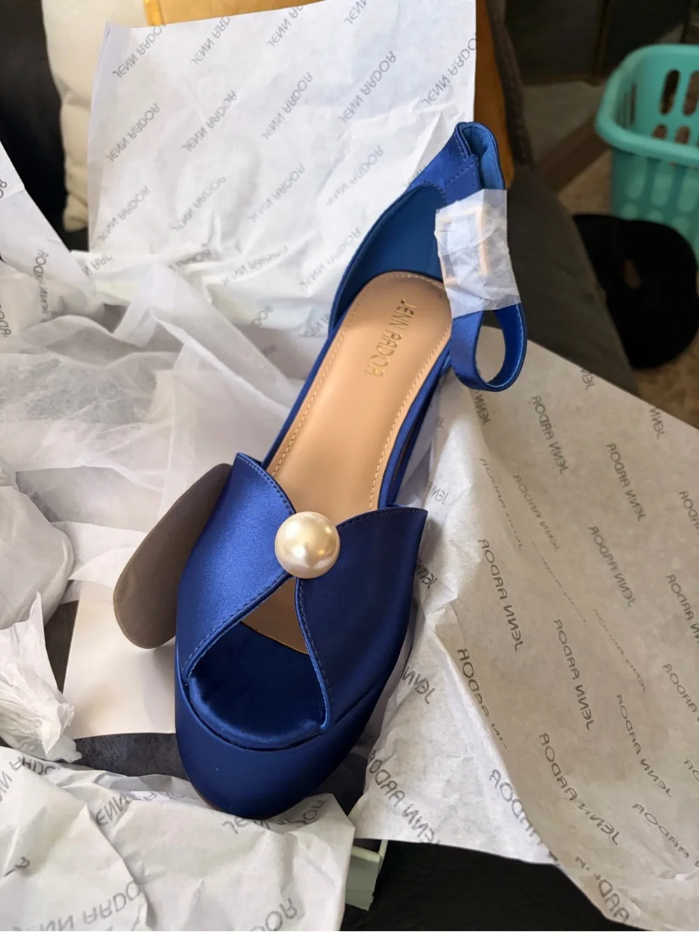 Satin Royal Blue Platform Sandals with Pearl Accent